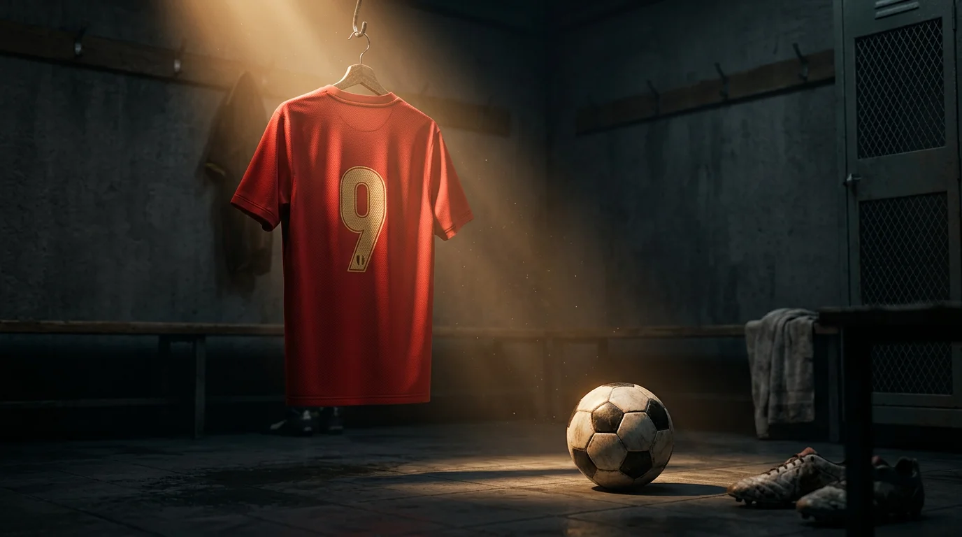 Un maillot rouge de football belge accroché dans un vestiaire sombre de stade, faisceau de lumière chaude, ballon posé au sol