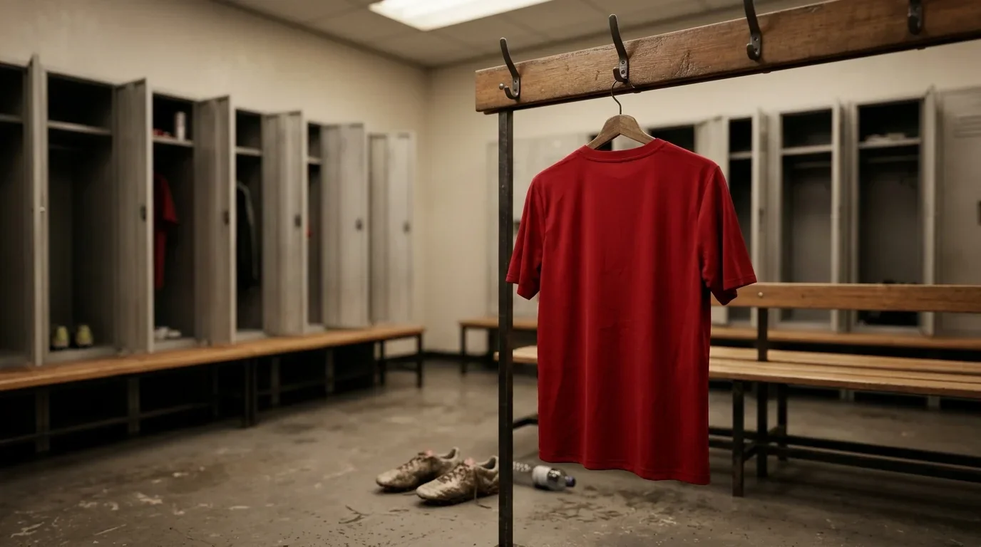 Un maillot de football rouge suspendu dans un vestiaire vide, éclairage sobre, bancs de bois et casiers en arrière-plan, ambiance calme d'après-match