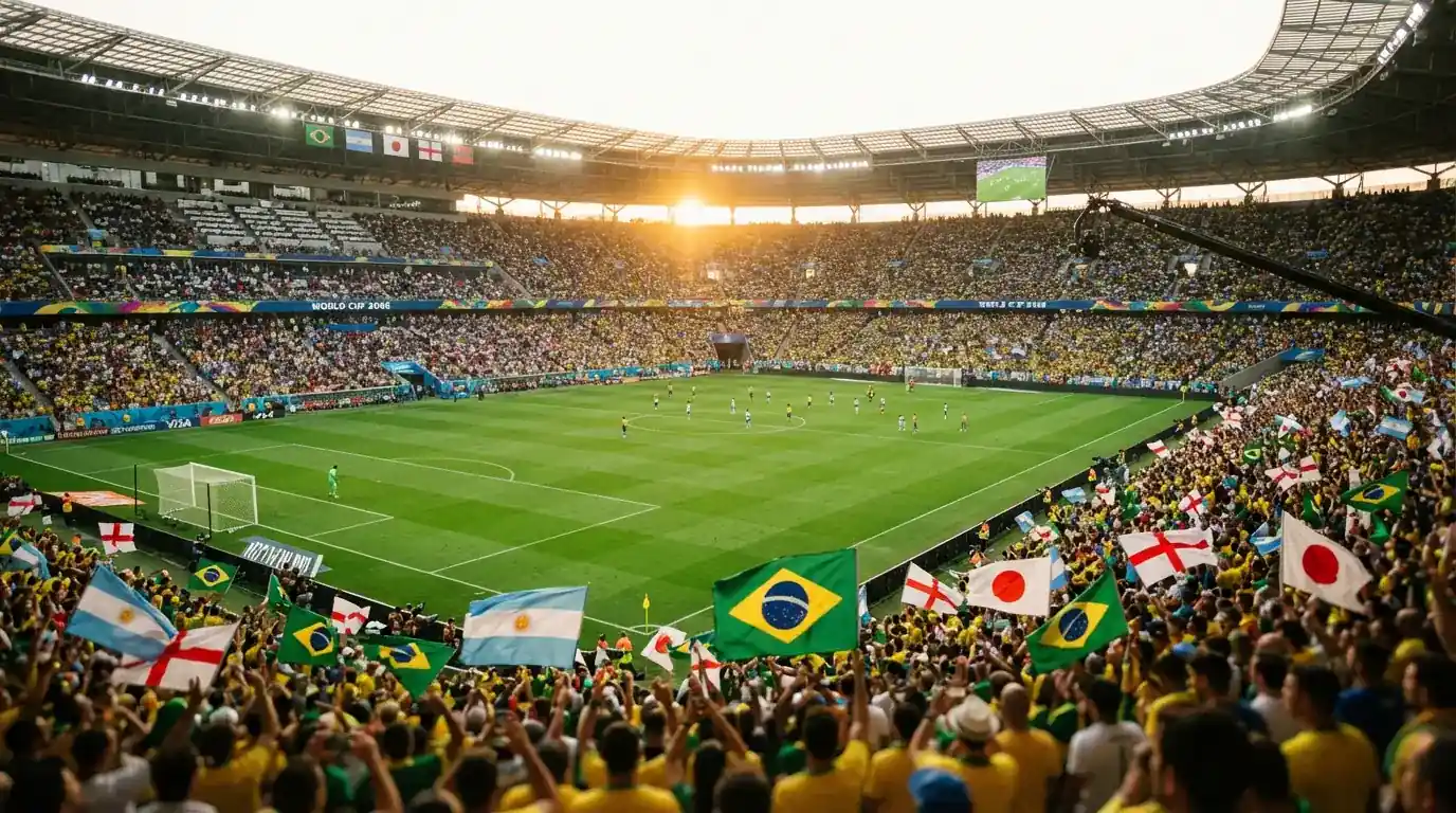Stade de football rempli pour la Coupe du Monde 2026 avec drapeaux internationaux