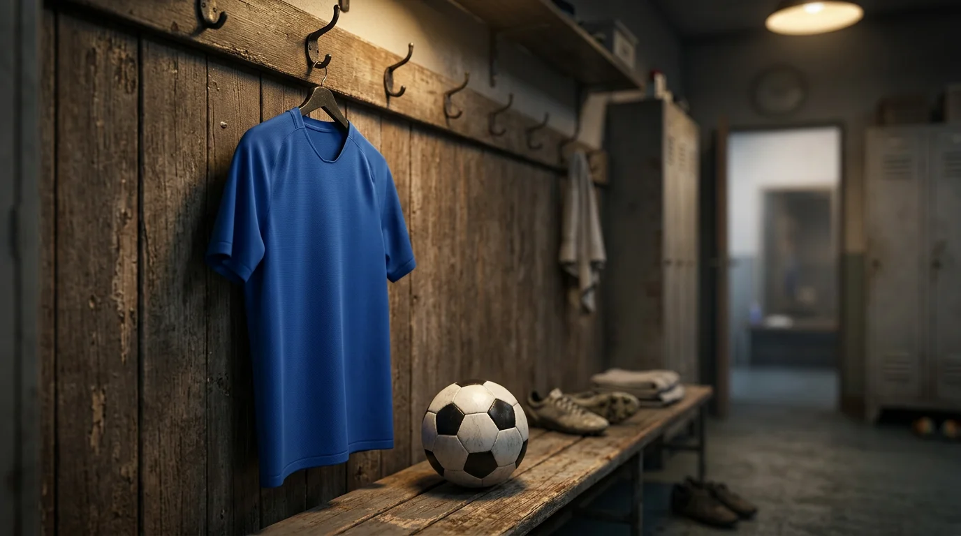 Un maillot bleu de football français accroché dans un vestiaire, numéro sans nom, lumière chaude, ballon posé sur un banc