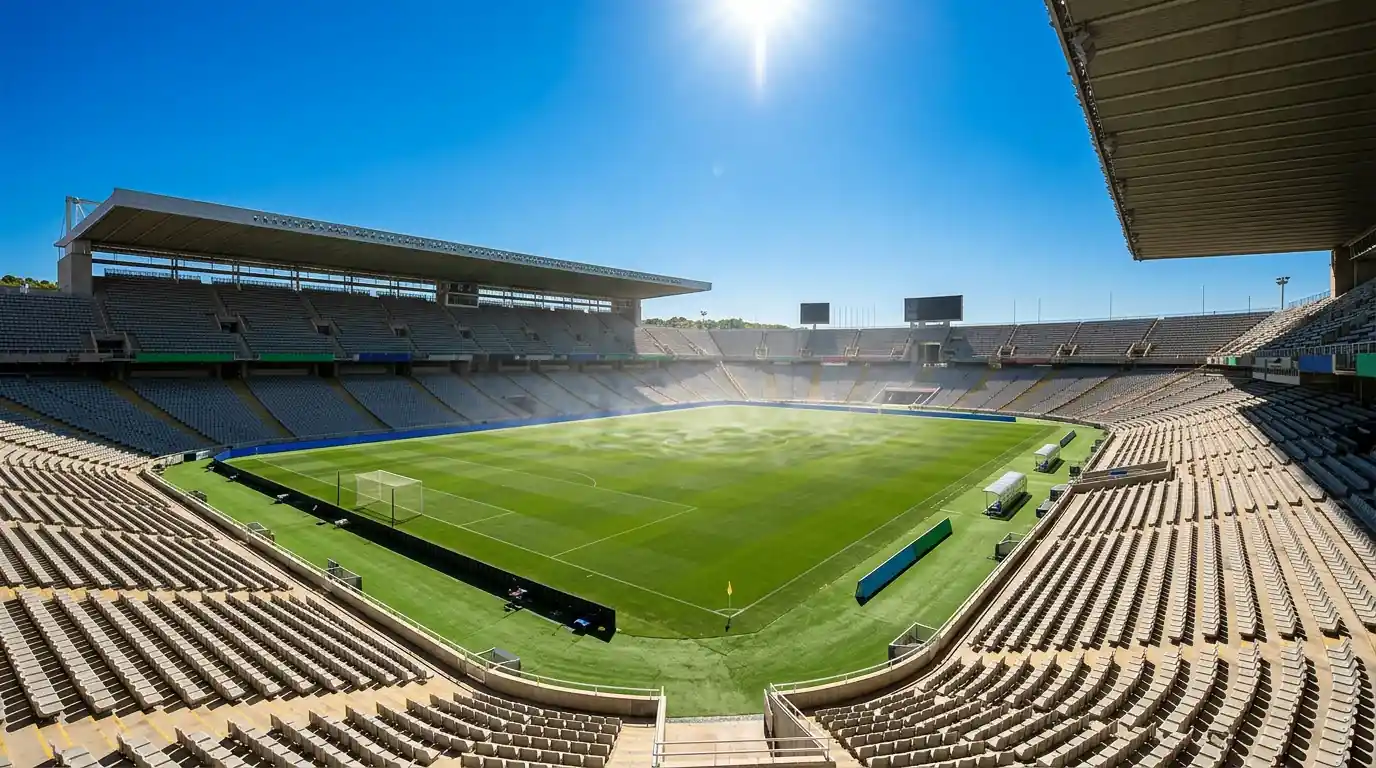 Un stade en plein air écrasé par un soleil de plomb, chaleur visible ondulant au-dessus de la pelouse, ciel bleu vif sans nuages