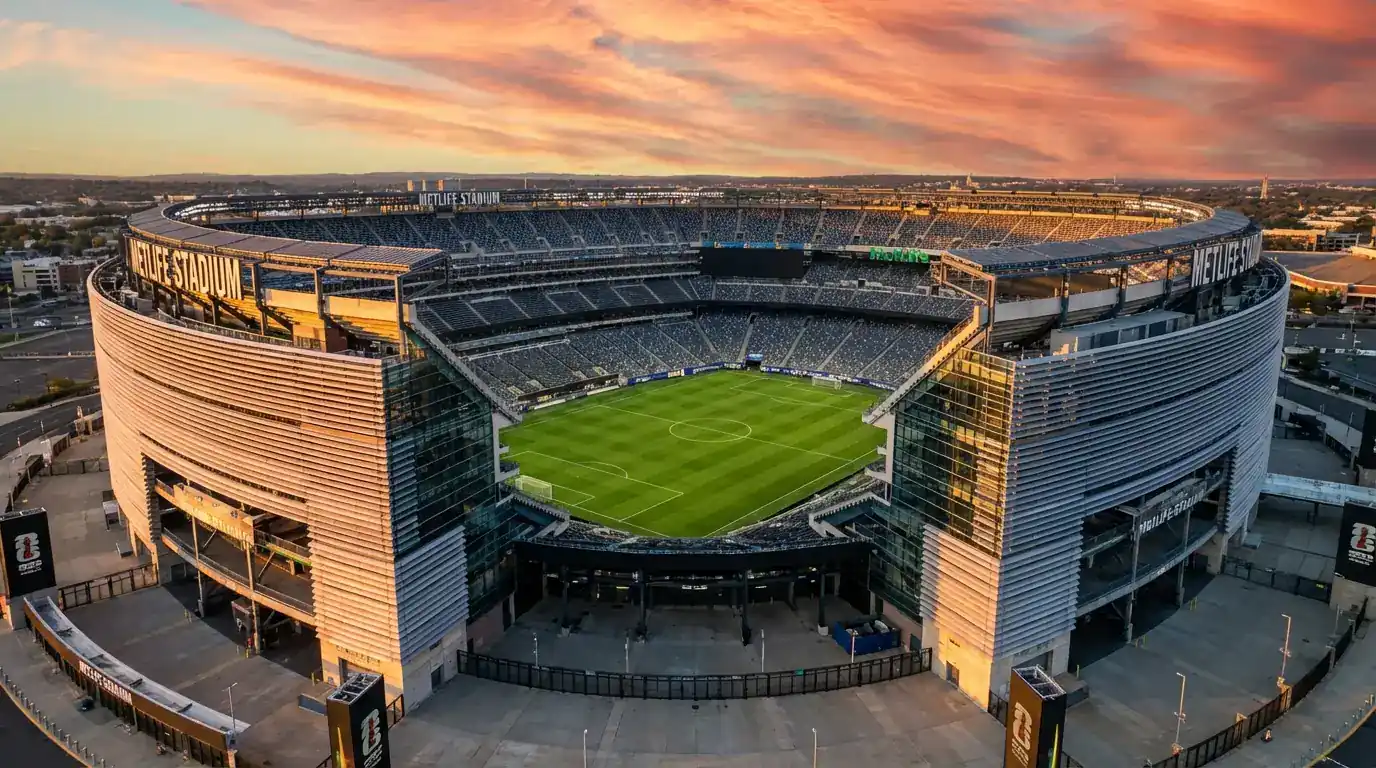 Vue aérienne du MetLife Stadium à East Rutherford qui accueillera la finale de la Coupe du Monde 2026
