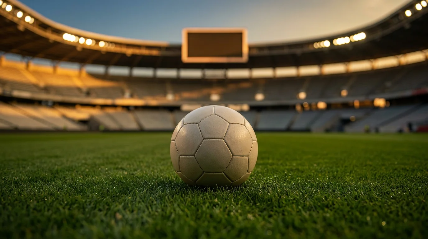 Un ballon de football posé sur la pelouse d'un stade au crépuscule, tableau d'affichage lumineux flou en arrière-plan