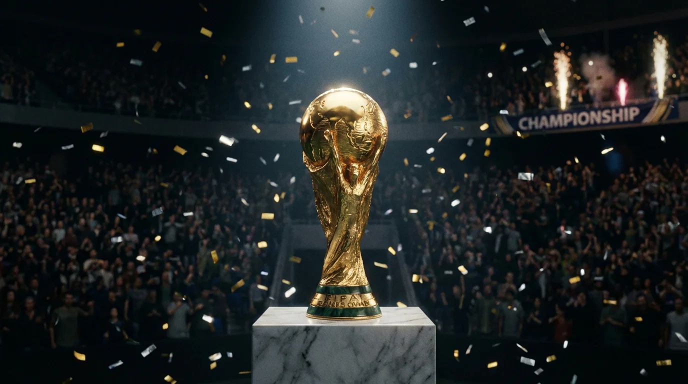 Les trophées et drapeaux des équipes favorites pour remporter la Coupe du Monde 2026