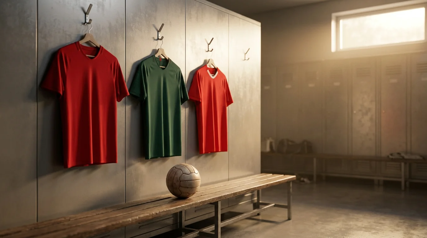 Trois maillots nationaux — rouge espagnol, vert portugais, rouge suisse — accrochés dans un vestiaire de stade éclairé au petit matin