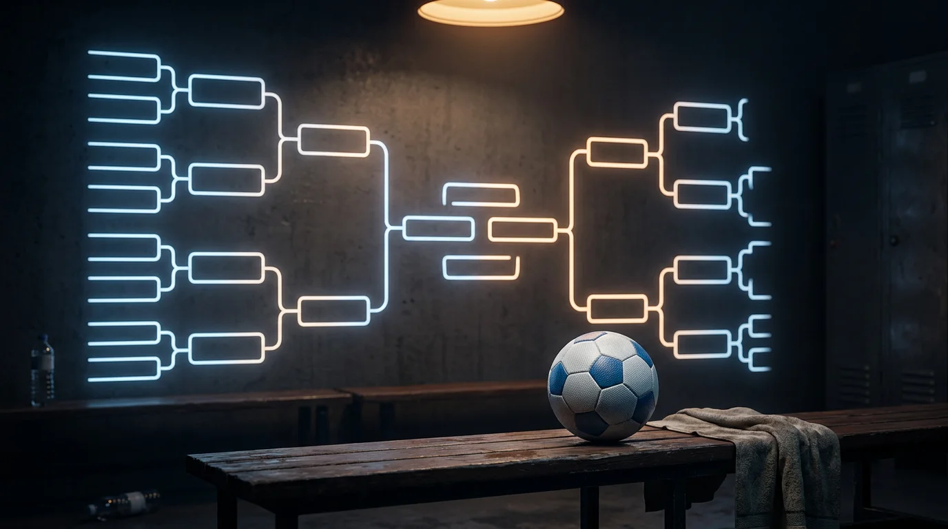 Un tableau de compétition à élimination directe stylisé projeté sur un mur de vestiaire de stade, lumière tamisée, ballon posé sur un banc au premier plan